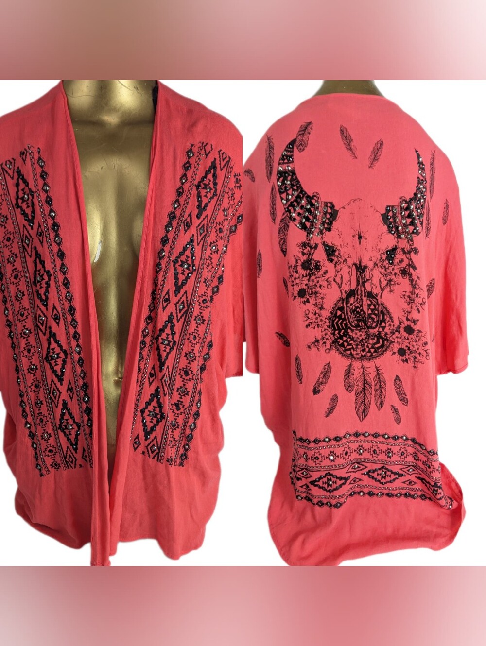 Vocal NWOT Embellished Red Open Cardigan Blouse Longhorn Graphic On Back Medium